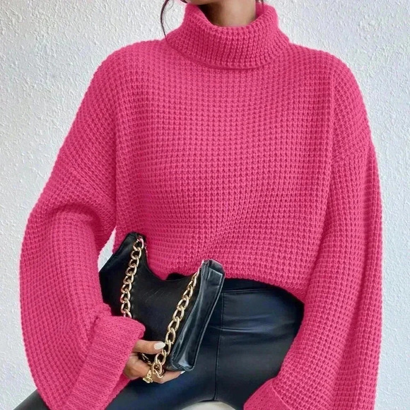 Hot Pink Casual Women's Loose Fit Turtleneck Drop Shoulder Sweater - Picture 4 of 6